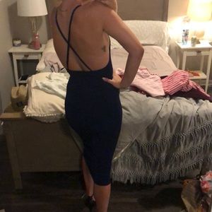 Slinky Dark Blue Formal Dress with Sexy Open Back!